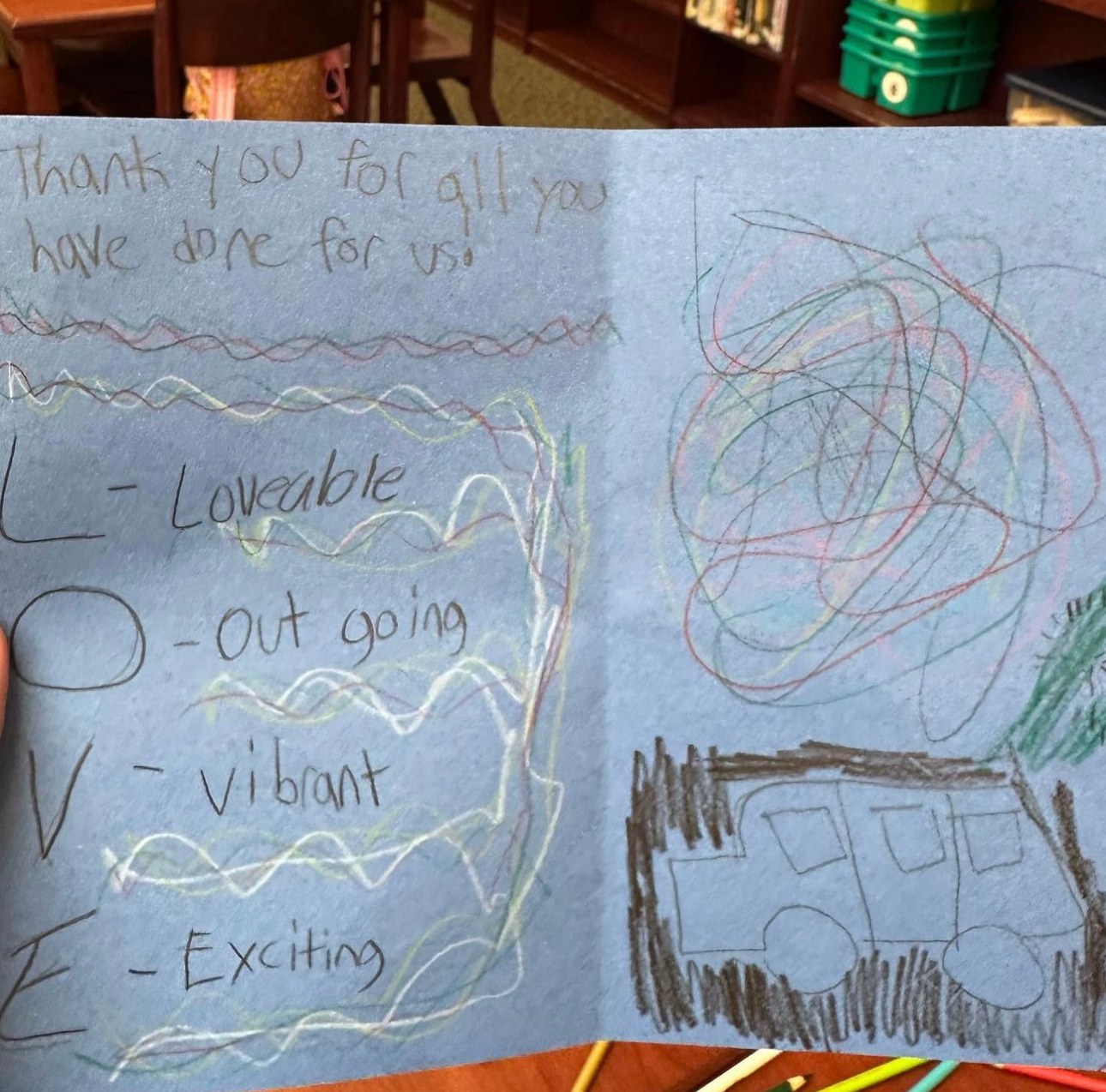 A hand-drawn thank-you card from a student